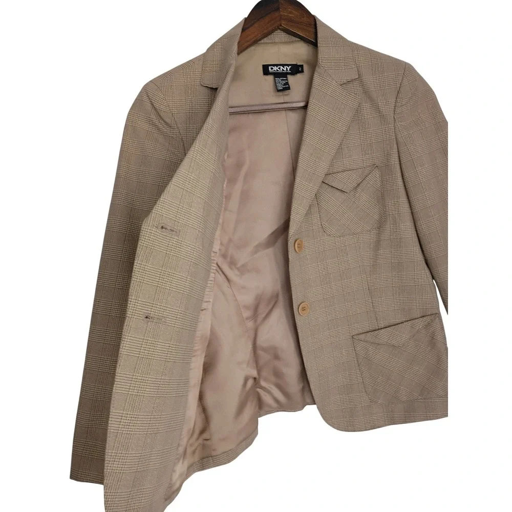 DKNY‎ Glen Plaid Tailored Blazer Tan Cotton NWOT Size 2 Classic Minimalist